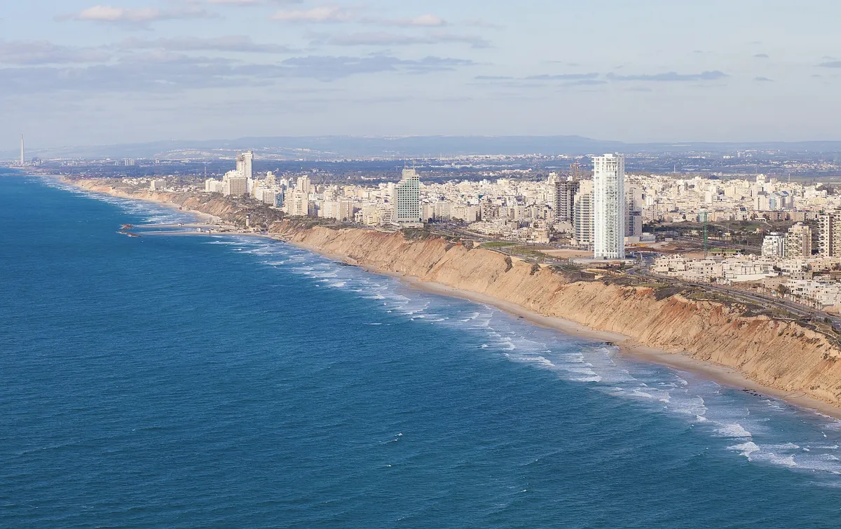 Aerial view of the Netanya beach promenade along the cliffs